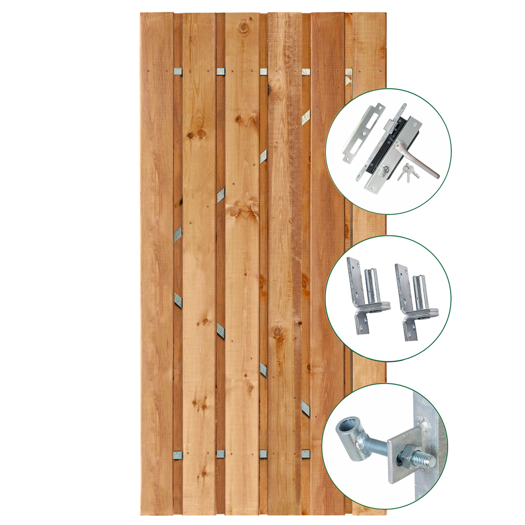 Tuindeur privacy bruin geïmpregneerd 100x195cm / RVS inbouwslotset